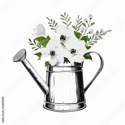 Water can with a bouquet flowers spring Image Vector Isolated on white background.