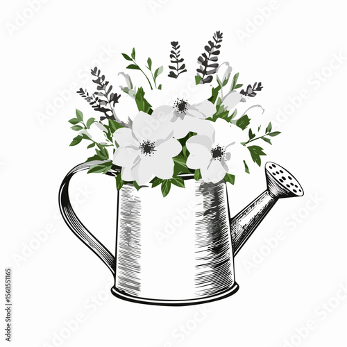 Water can with a bouquet flowers spring Image Vector Isolated on white background.