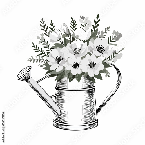 Water can with a bouquet flowers spring Image Vector Isolated on white background.