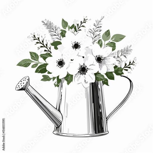 Water can with a bouquet flowers spring Image Vector Isolated on white background.