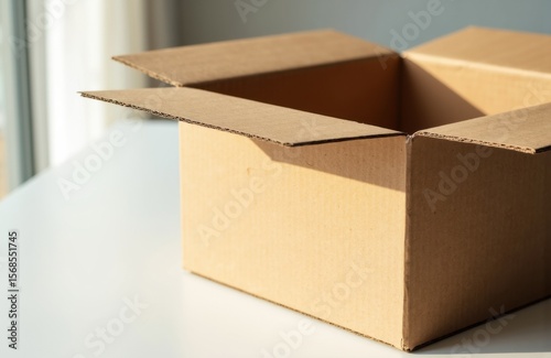 Open cardboard box placed on a white surface near a window with natural light