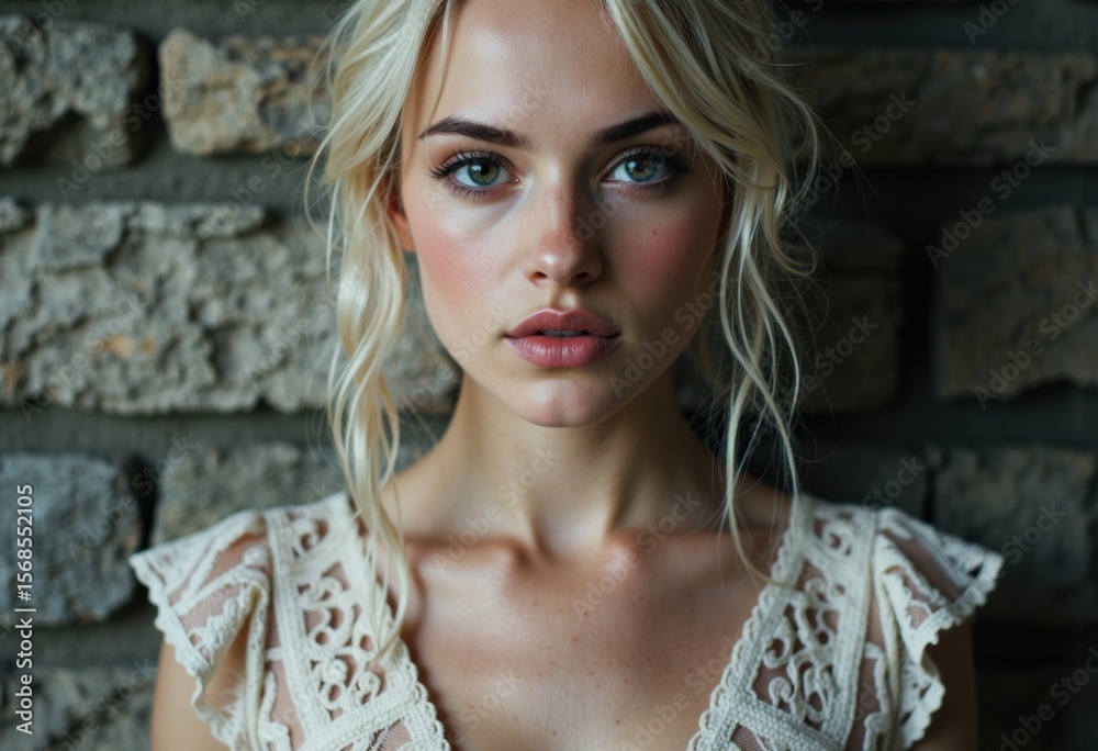 Fototapeta premium Close-up portrait of a young woman with blonde hair and blue eyes against a stone wall background