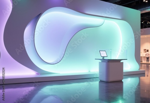 Modern exhibition booth with sleek, illuminated design and interactive display setup