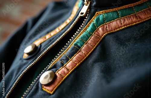 Close-up of a stylish black jacket with colorful stitched details and metallic buttons