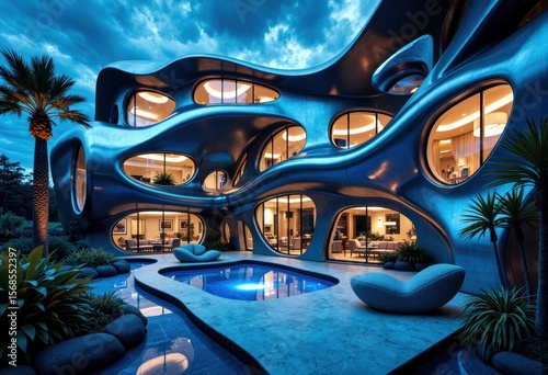 Modern futuristic building with organic shapes and large windows at dusk