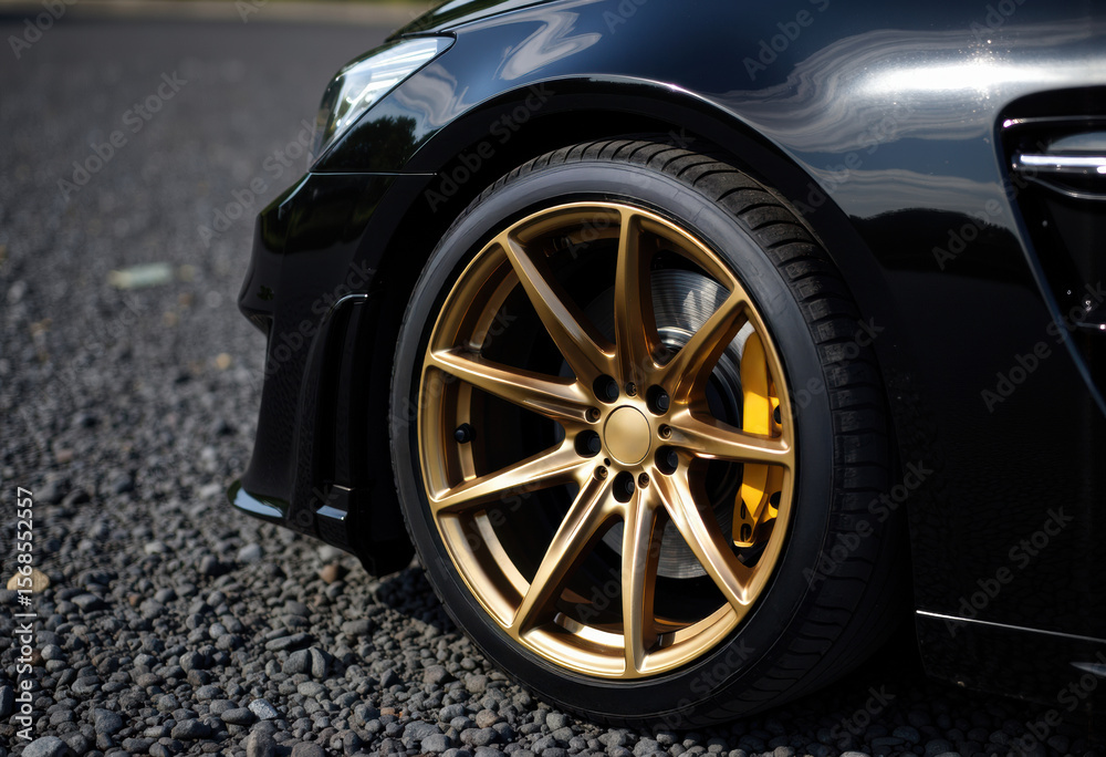 Close-up of a luxury black car's front wheel with gold alloy rim on a gravel surface Close-up of a luxury black car's front wheel with gold alloy rim on a gravel surface