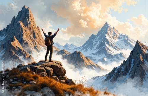 A hiker standing on a rocky ledge with arms raised in front of majestic snow-capped mountains and a dramatic sky
