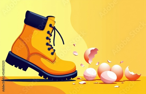 Bright yellow boot stepping on broken eggshells against a yellow background