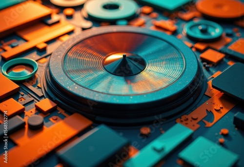 Stylized DJ turntable with colorful electronic components and circuit board background