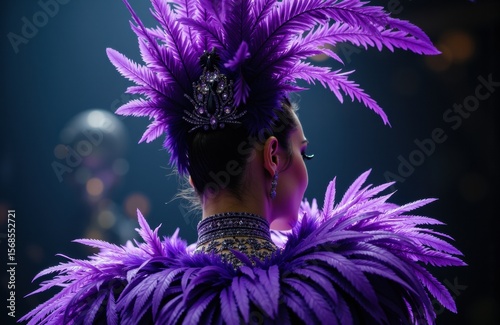 Woman in elaborate purple feather costume with intricate headpiece and jewelry