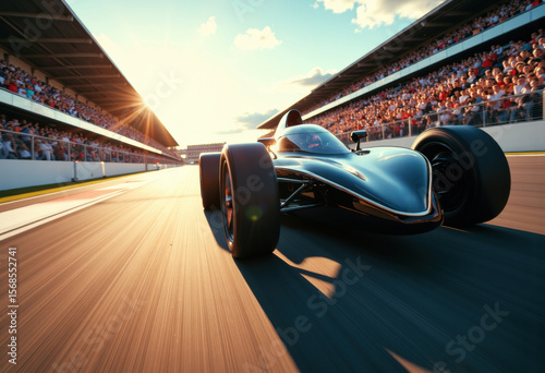 High-speed race car speeding on the track during sunset with a cheering crowd