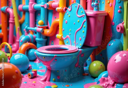 Colorful abstract bathroom scene with vibrant pink, blue, orange, and green elements