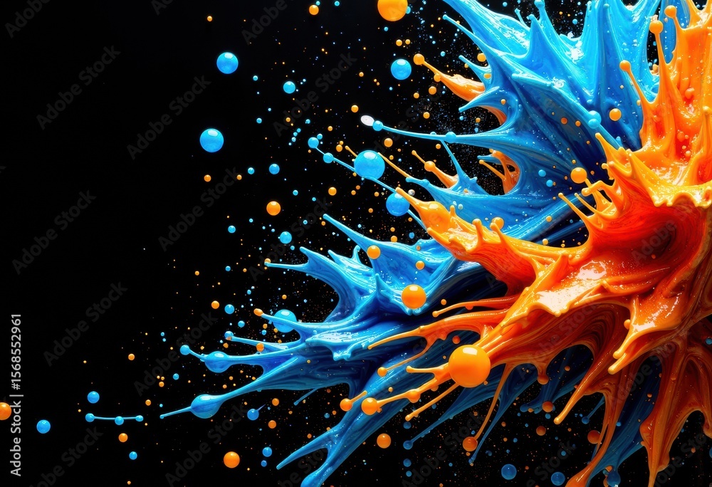 Fototapeta premium Abstract splash of blue and orange paint with dynamic splatters on black background