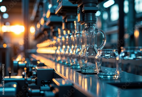 Modern glassware and laboratory equipment illuminated by warm sunset light in a scientific facility