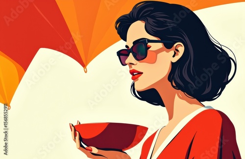 Woman with dark hair and sunglasses holding a red bowl against a vibrant orange and cream background