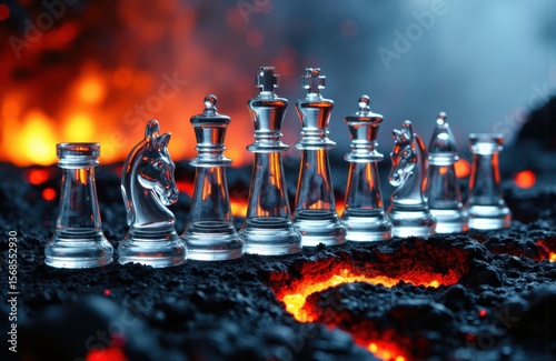 Chess pieces arranged on volcanic rocks with glowing lava in the background