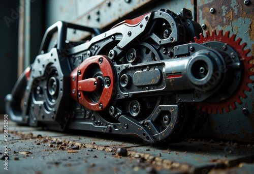 Close-up of a damaged industrial machine part with gears and metal components
