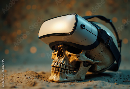 Skull wearing a virtual reality headset on a sandy surface with blurred background