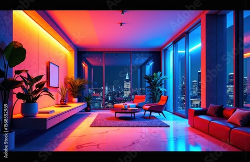 Modern living room illuminated with vibrant neon lighting and city skyline view