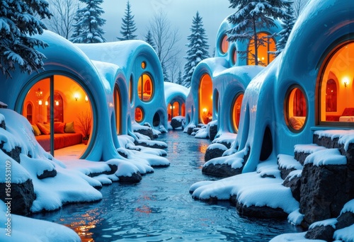 Cozy snow-covered cabins with glowing windows in a winter landscape