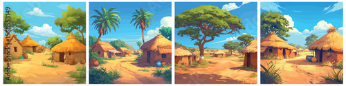 african village background set. africa house street cartoon, hot summer climate thatched roof wild tribe people nation ancient primitive clay small traditional hut rondavel home jug vector