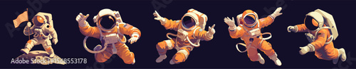 astronauts in space set. cosmonaut cartoon, orange spacesuit character astronaut flight science universe flight moon exploration adventure vector illustration