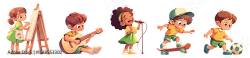 childrens hobby cartoon set. girl in green dress artist singer boy football player guitarist skater, guitar sport creativity childhood vector illustration