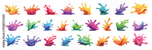 color splash set cartoon. yellow red pink green purple orange blue paint blot, drops bright multicolored vector illustration