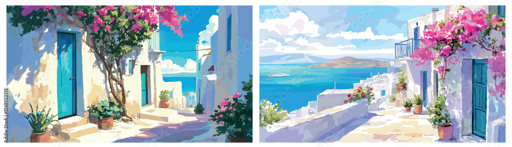 Naklejka premium greece background watercolor set. white greek houses landscape, sea vacation rest travel warm sunny bright country descent street stone path blue turf pink flowers trees vector illustration