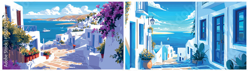 greece background cartoon set. white street in seaside town, holiday vacation travel greek landscape facade house city stone path sea summer sunny day vector illustration