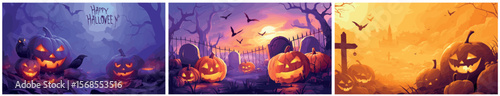 halloween background cartoon set. pumpkin candle mysterious enigmatic yellow purple blue fog in gloomy forest, holiday ghosts scary bat vector illustration
