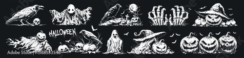halloween engraving set. raven skull hands skeleton bones pumpkin hat ghost, holiday scary gloomy frightening fictional character vector illustration