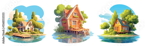 houses on lake cartoon. wooden house island set, pier village country wild nature river summer vector illustration