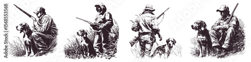 hunters engraving set. hunter with beagle dog, man hunting weapon fishing prey tracking sitting field ambush vector illustration