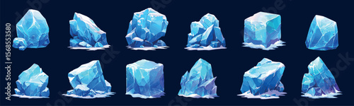 ice block cartoon set. frozen blocks, iceberg rock winter snow element decor water cold stone cube vector illustration