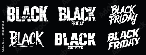 logos black friday. logo sale discounts grunge monochrome, dynamic white font handwritten broken shabby brush vector illustration