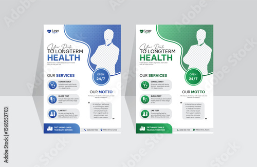 A bundle of 2 template of a4 medical flyer, modern and clean template with different colors and organic shape