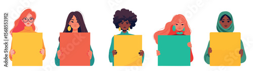 women holding a poster. redhead brunette muslim girl with yellow red green sign in hands, girls protest rally diversity flat vector illustration