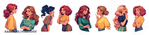 women talking cartoon set. girls dialogue, girl character game play argument emotions yellow green clothes young brunette blonde brown-haired vector illustration
