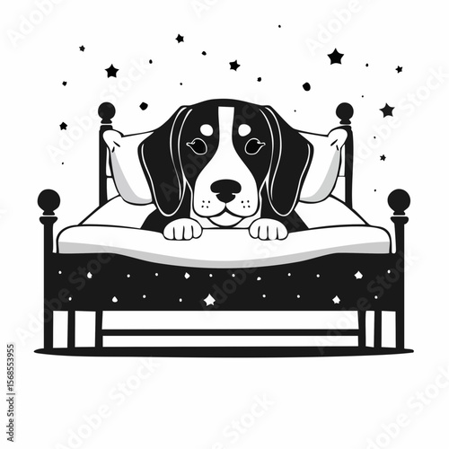 Beagle in bed Images vector. Black and white Dog Resting Vector Images.