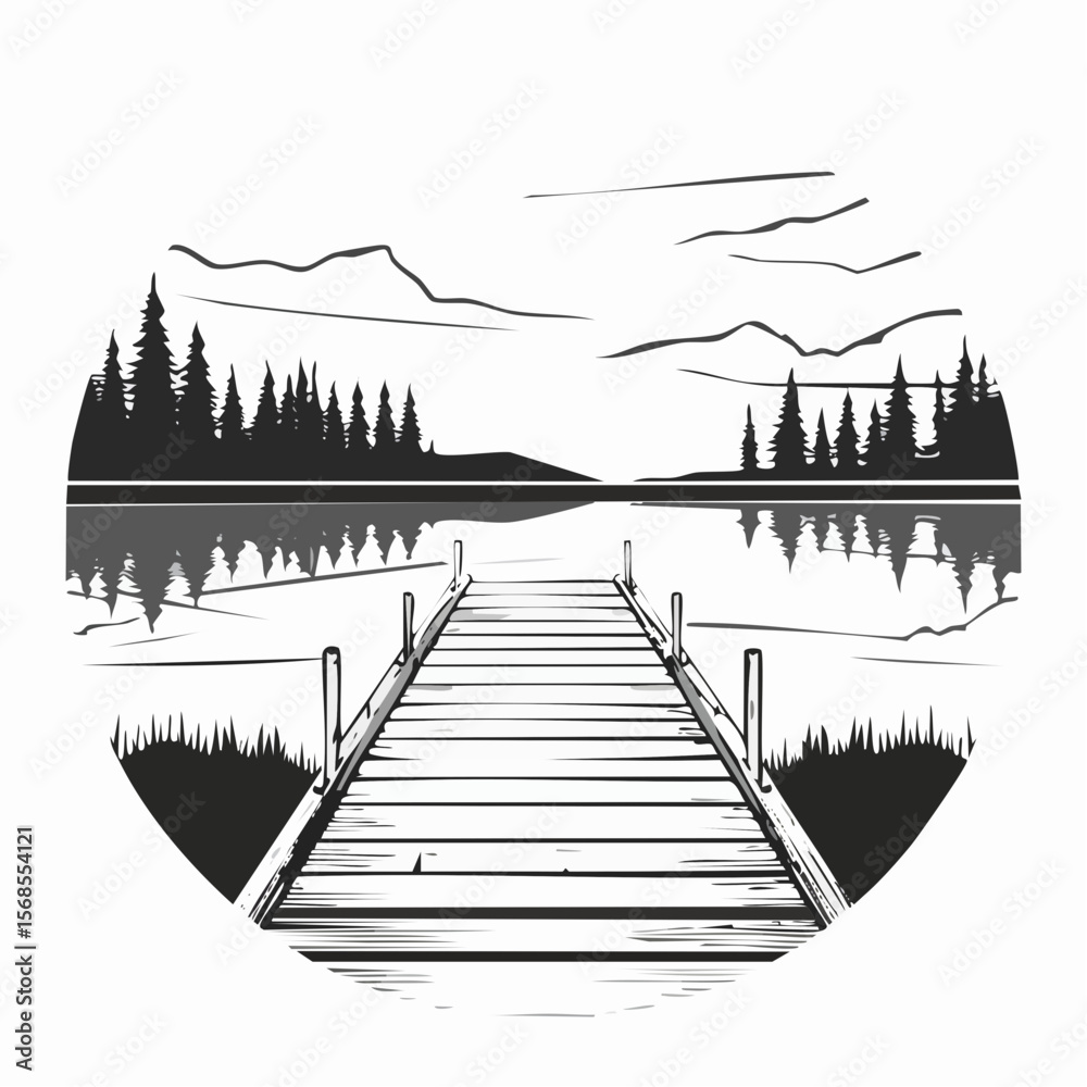 Obraz premium Empty dock set against a serene breathtaking lake image vector isolated on white background.