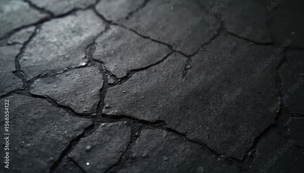Obraz premium Close-up texture of dark gray cracked concrete. Rough granular surface, resembles stone or stucco. Grainy material with fine particle detail, suitable for urban construction or abstract backgrounds.
