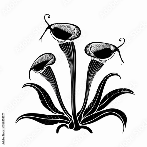 Black and white Carnivorous Pitcher Plant image vector isolated on white background.
