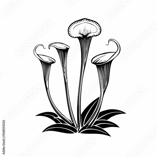 Black and white Carnivorous Pitcher Plant image vector isolated on white background.