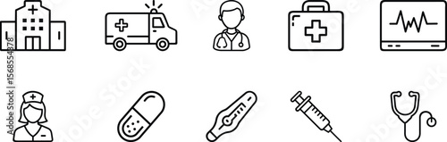 Medical Essentials icon logo set Health & Medical, Stethoscope, Syringe, Thermometer, Pill capsule, First aid kit,  Heart rate monitor, Doctor, Nurse avatar, Hospital building, Ambulance icon pack