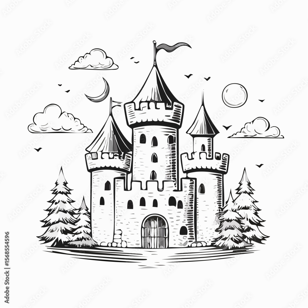 Obraz premium Medieval castle cartoon fairytale castle hand drawn design vector