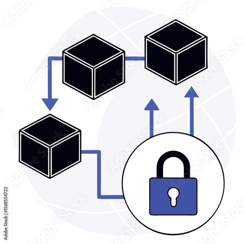 Secure data transfer and blockchain technology concept with interconnected blocks and a lock