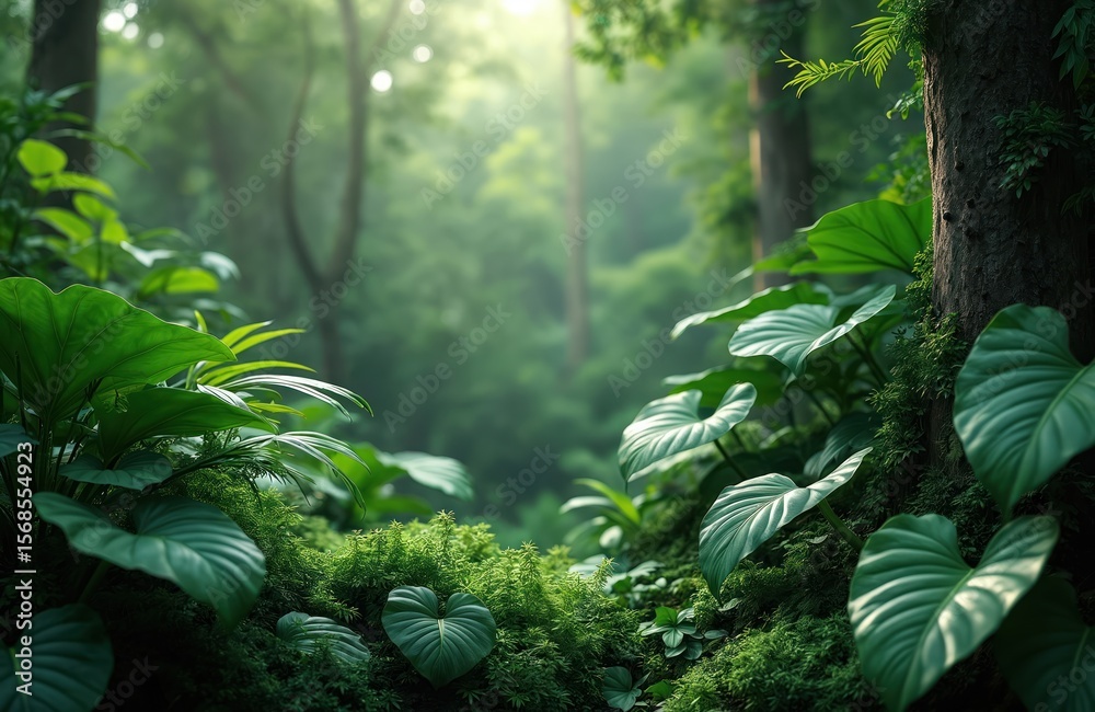 Fototapeta premium Tropical forest scene with vibrant green foliage, misty sunlight filtering through trees. Large leaves, dense undergrowth create serene, natural environment perfect for relaxation, evoking sense of