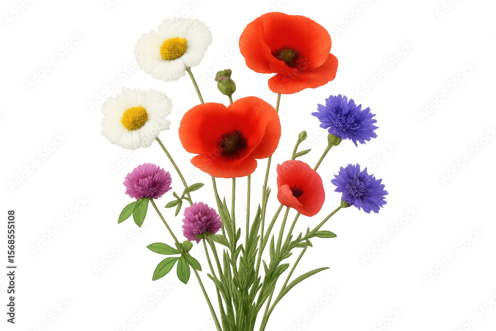 Naklejka premium Colorful bouquet of wildflowers including poppies, cornflowers, and daisies, isolated on a transparent background