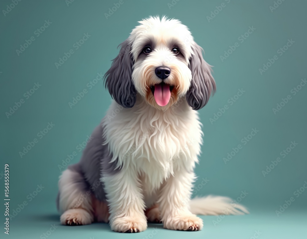 Fluffy Old English Sheepdog sits patiently, panting happily with tongue out. Adorable, friendly dog features unique gray, white coat. Perfect for pet lovers, illustrators, anyone seeking cute, Fluffy Old English Sheepdog sits patiently, panting happily with tongue out. Adorable, friendly dog features unique gray, white coat. Perfect for pet lovers, illustrators, anyone seeking cute,